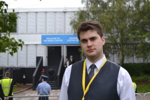 York Glendon student Connor Marvin outside the NATO Summit Media Centre at Celtic Manor in Newport, Wales