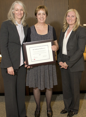 photo of Dean Barbara Crow, Professor Kate McPherson and Provost Rhonda Lenton after the presentation of the FGS Teaching Award