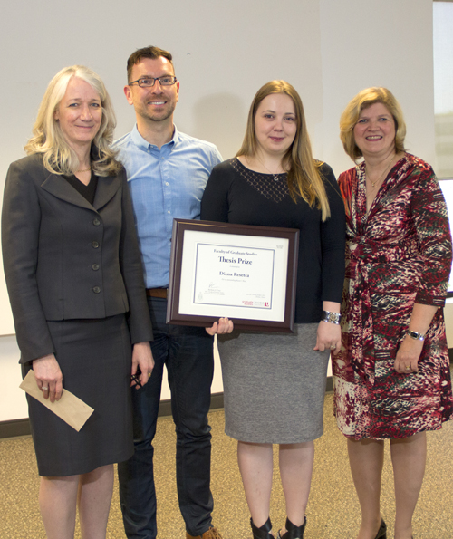 photo of FGS Dean Barbara Crow, left, Chemistry Graduate Program Director Gino Lavoie, Diana Resetca and Associate Dean Academic Karen Krasny with Ms Resetca's Thesis Prize