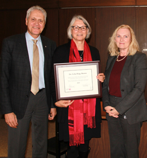 photo of President Mamdouh Shoukri, left, Professor Celia Haig–Brown and Vice–President Academic and Provost Rhonda Lenton with Haig–Brown's Teaching Award