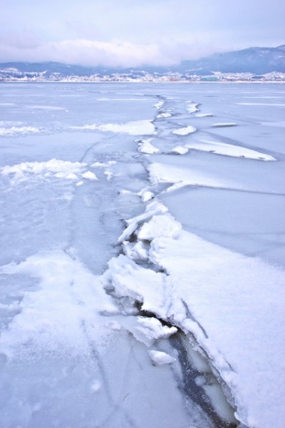 photo of snow-covered lake with heaving ice