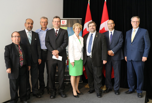 photo of Pat Clifford, director of research & innovation, Southlake Regional Health Centre; Professor Spiros Pagiatakis, associate dean of research, Lassonde School of Engineering; Piotr Jasiobedzki, staff scientist, MDA Corporation; Faculty of Health Professor Doug Crawford, scientific director, VISTA; Judy Sgro, Member of Parliament, Humber River – Black Creek; Robert Haché, York University vice-president research & innovation; and Paul MacDonald, dean, Faculty of Health