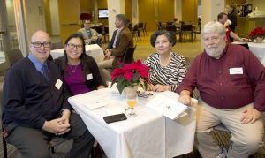 photo of Student Joel Katz, left, Almey Tse Soriano, FGS Manager, Student Affairs, Tere Tilban–Rios, Graduate Program Assistant and Music Professor Mark Chambers