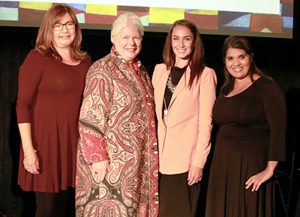photo of Piya Chattopadhyay, head judge for all prize categories, Lieutenant Governor of Ontario Elizabeth Dowdeswell, Jessica Rumboldt, and Laurie Robinson, panel judge