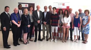 group photo of York University Vice-President Advancement Jeff O’Hagan, Professor Paul Delaney, Faculty of Science Dean Ray Jayawardhana, York University President and Vice-Chancellor Rhonda Lenton, Professor Emeritus Allan Carswell and members of the Carswell Family Foundation